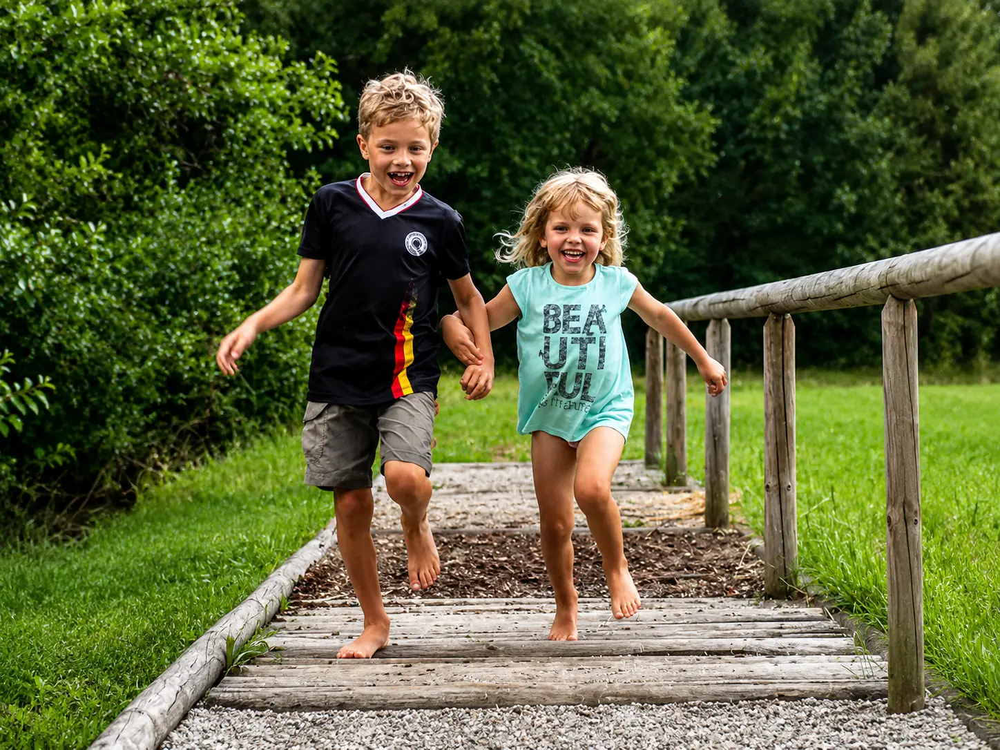 Zwei barfuß laufende Kinder auf einem Holzweg im Grünen
