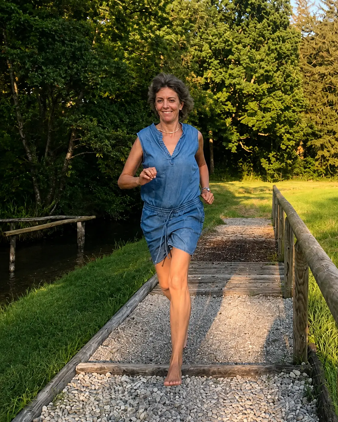 Dr. Sportwiss. Verena Fenner läuft barfuß auf einem Weg im Freien